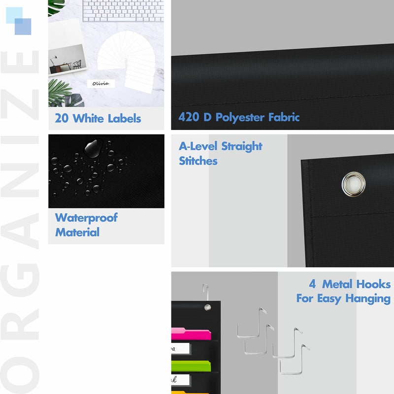 Vantasii Nylon Storage Pocket Chart with 20 Name Tag Pockets, Hanging Wall File Organizer, 4 Hooks and 20 Blank Cards, Organize Your Assignments, Files, Scrapbooks, Paper (28.5â€x 47â€) â€¦ - Image 3